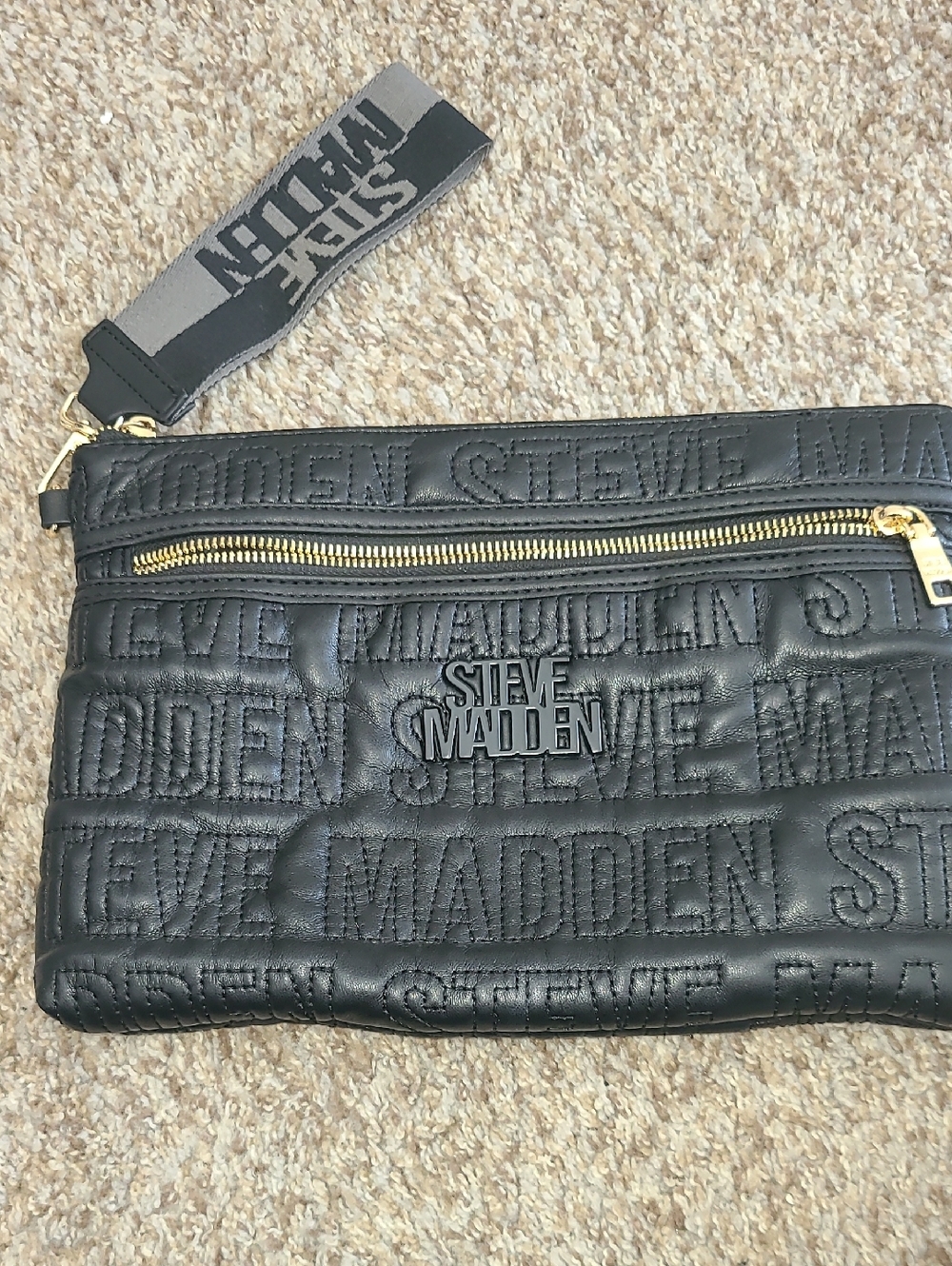 Steve Madden Black Quilted Logo Wristlet with Gold Hardware